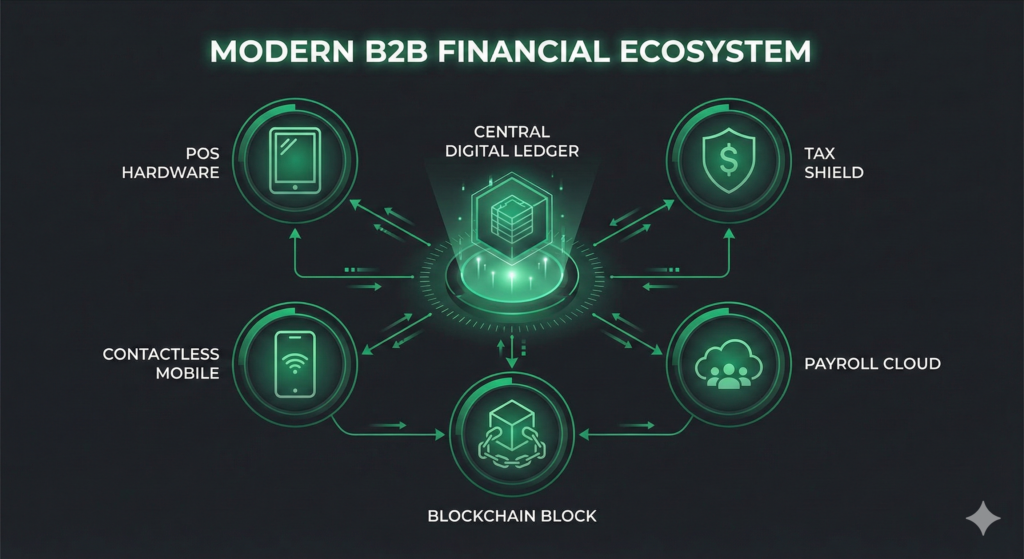 Diagram of a Modern Financial Ecosystem for B2B, featuring connected icons for POS Hardware, Contactless Payments, Tax Planning, Payroll Cloud, and Blockchain security.