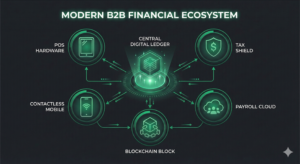 Diagram of a Modern Financial Ecosystem for B2B, featuring connected icons for POS Hardware, Contactless Payments, Tax Planning, Payroll Cloud, and Blockchain security.