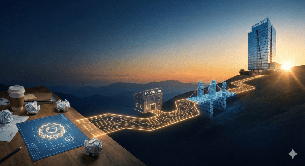 Metaphorical illustration of a startup growth journey, showing a glowing circuit-board path leading from a messy desk with blueprints, through a building labeled 'Foundation' and a bridge of data blocks, up to a modern skyscraper at sunrise.