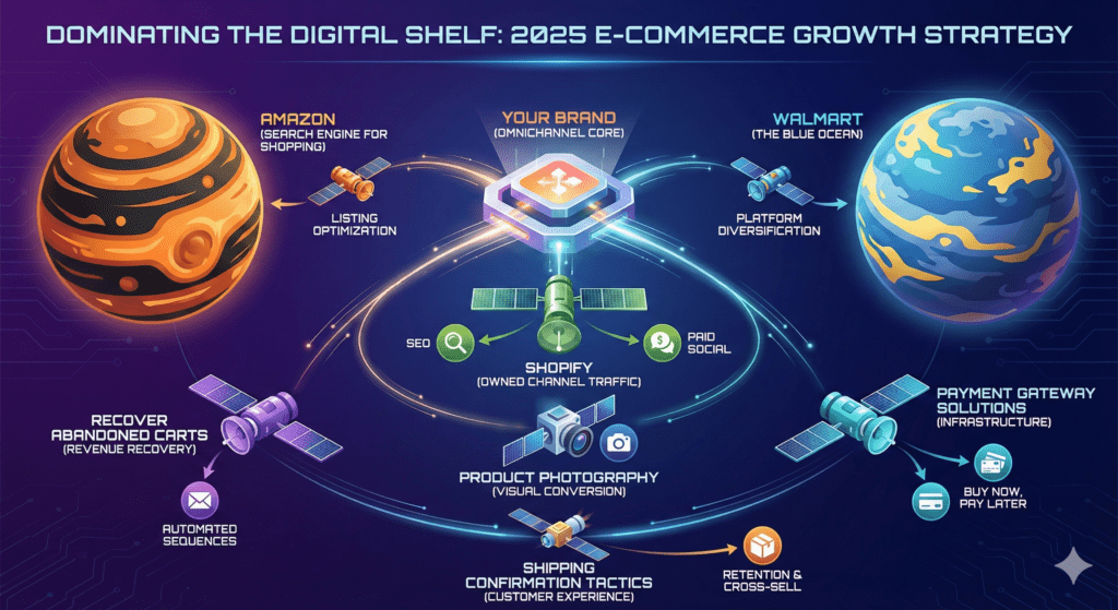 Futuristic infographic titled 'E-Commerce Growth Galaxy' showing a central Brand hub connected to Amazon, Walmart, and Shopify satellites, illustrating an omnichannel strategy.
