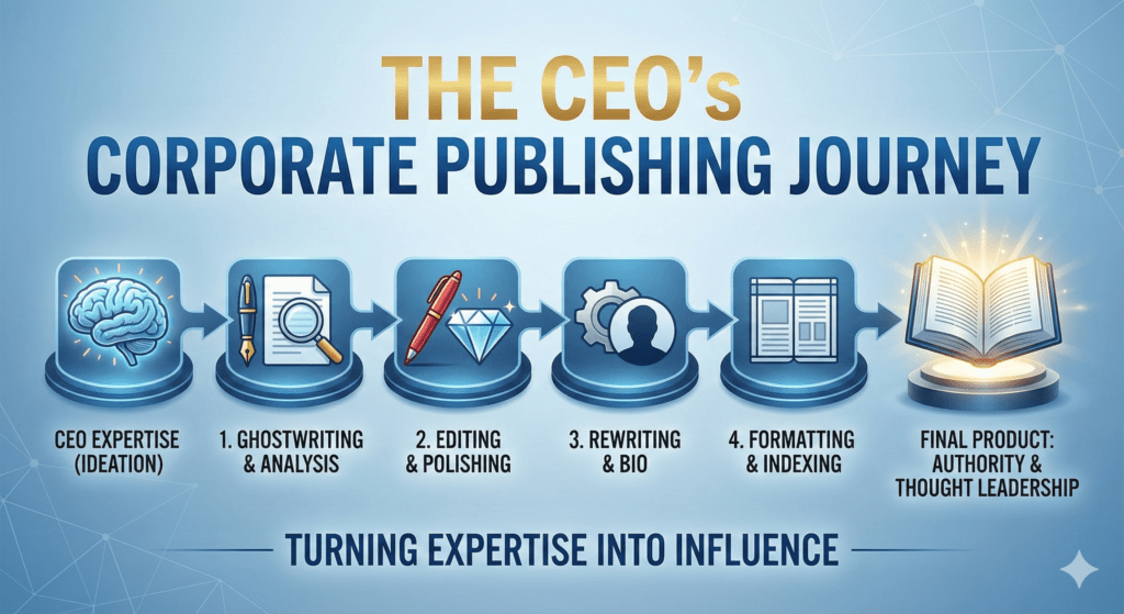 Premium corporate office desk featuring a hardcover book titled 'Authority', symbolizing the strategic value of corporate publishing and thought leadership for CEOs.