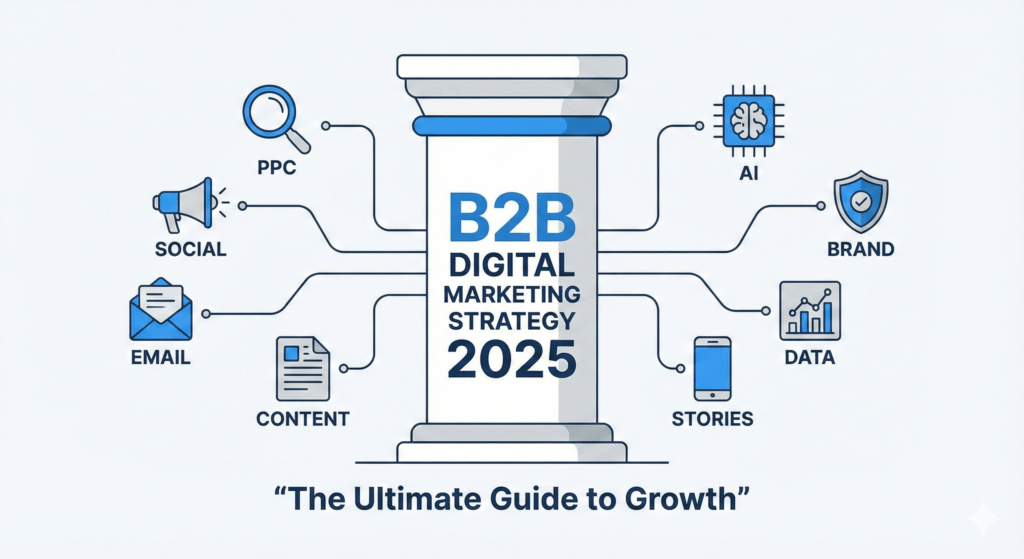Isometric illustration of a modern B2B Tech Stack ecosystem showing connected icons for Data, Email Automation, SMS, and Security.