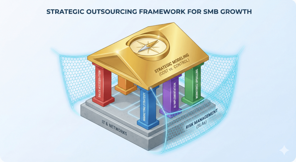 Strategic Outsourcing Framework diagram showing a central SMB growth hub connected to nodes for AI, Sales, IT, and Risk Management, illustrating a unified business ecosystem.