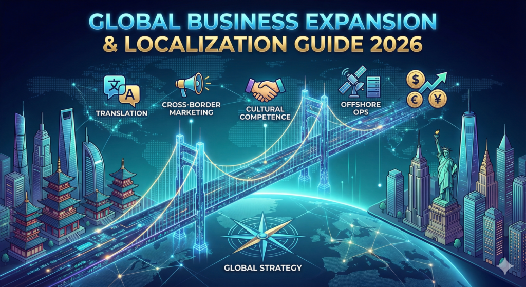 Digital globe illustration connecting business hubs in the US, Europe, and Asia, representing a seamless global expansion and localization strategy.