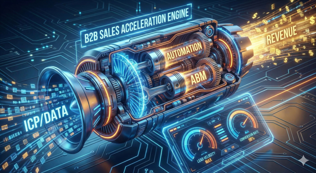 B2B Sales Acceleration ecosystem diagram showing the flow from ICP targeting to AI automation, visitor tracking, and final human closing pitch.