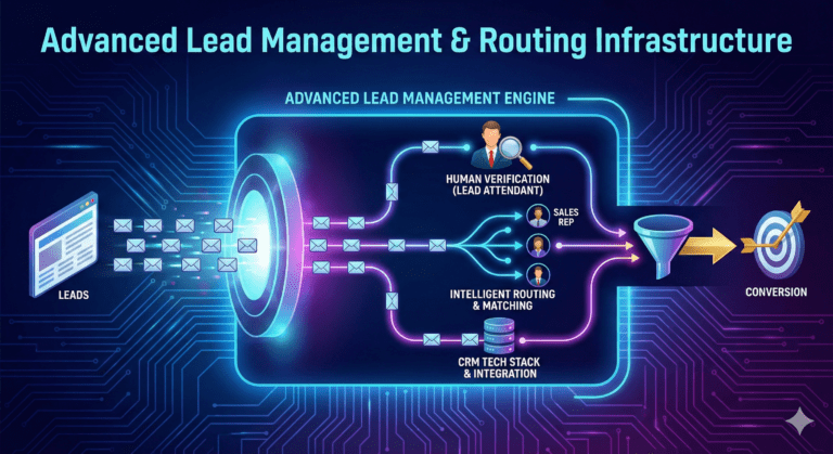 A diagram showing the flow of a B2B lead moving from website visitor identification through a human lead attendant and into an integrated CRM system.