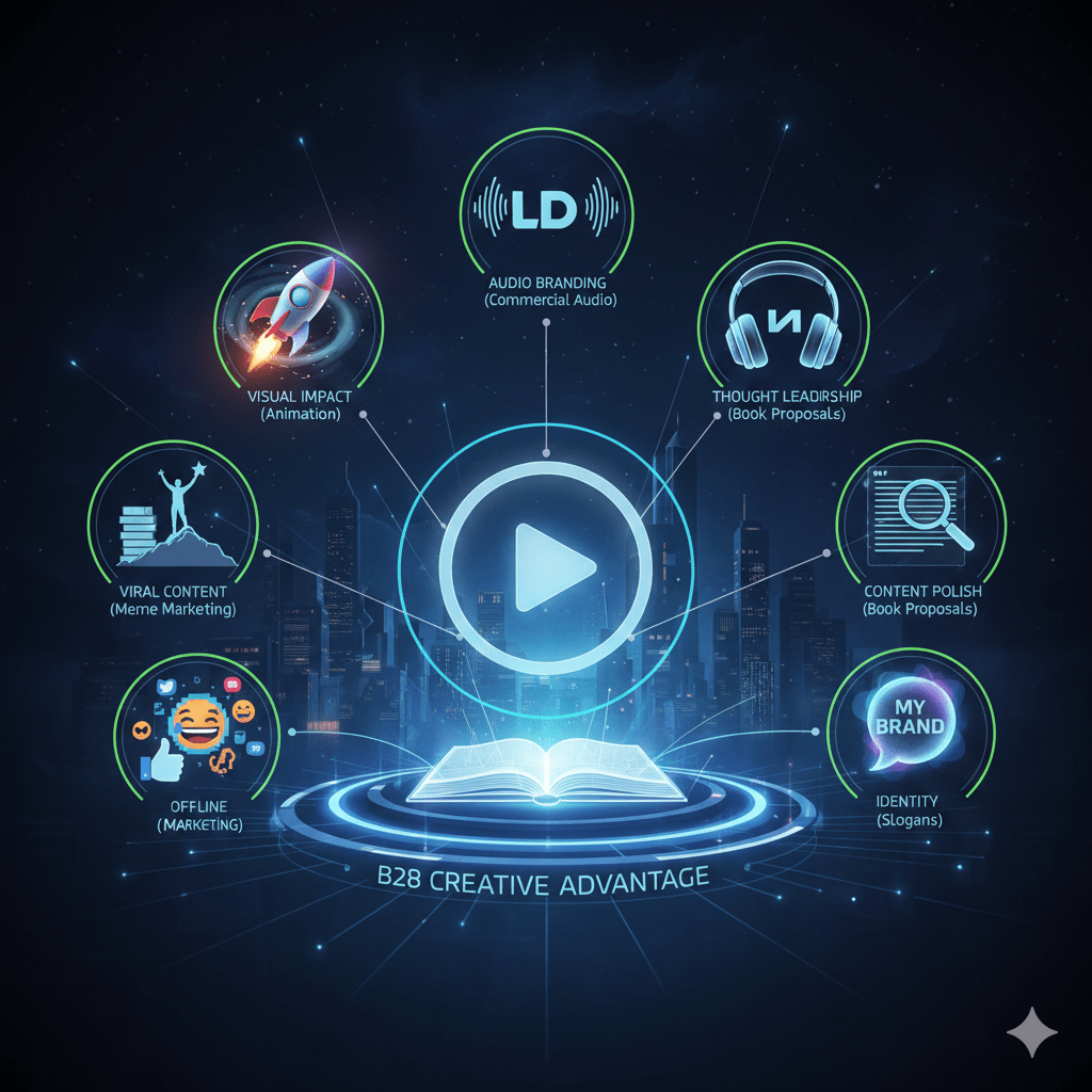 Digital illustration showcasing a B2B creative production hub featuring symbols for 3D animation, commercial audio, book publishing, and viral meme marketing strategies.