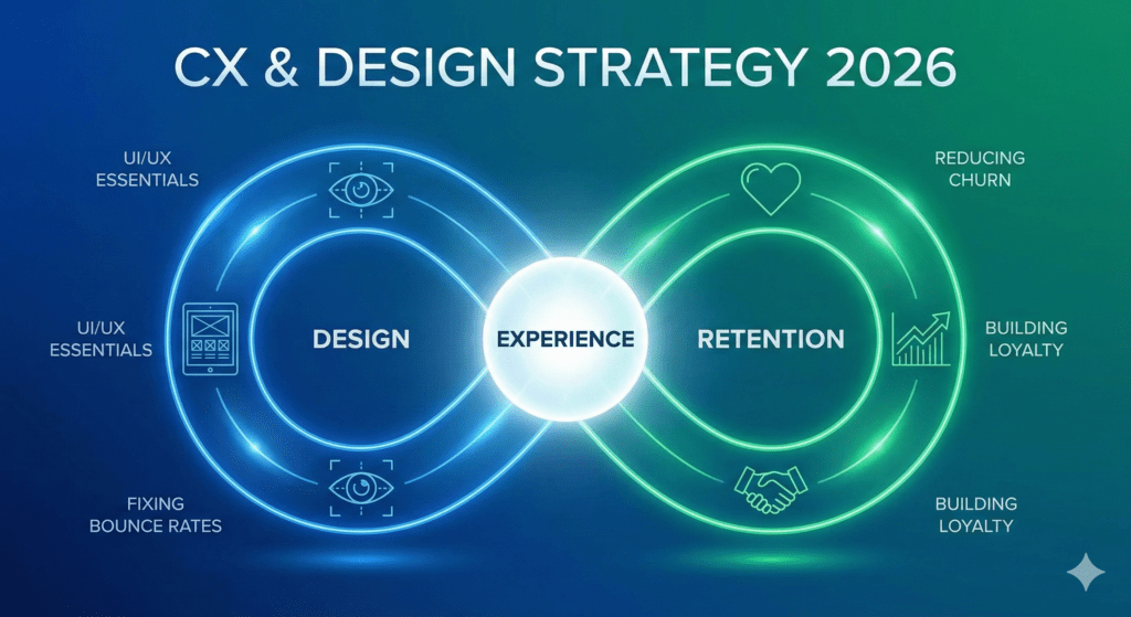 CX Journey Map showing the flow from UI/UX design and bounce rate reduction to customer satisfaction and long-term brand loyalty.