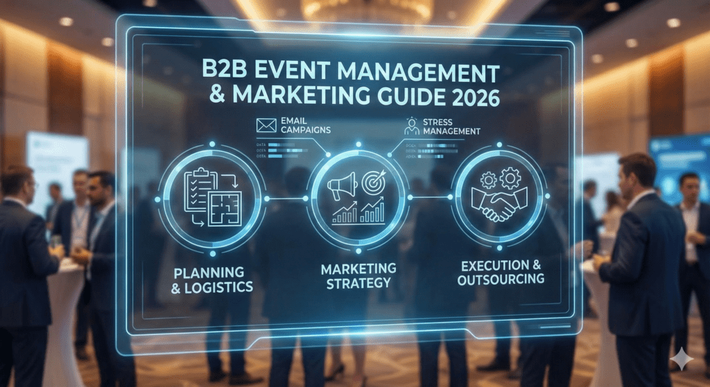 Modern B2B corporate event setting with professionals networking, digital screens displaying data, and a strategic planning overlay representing event management logistics.