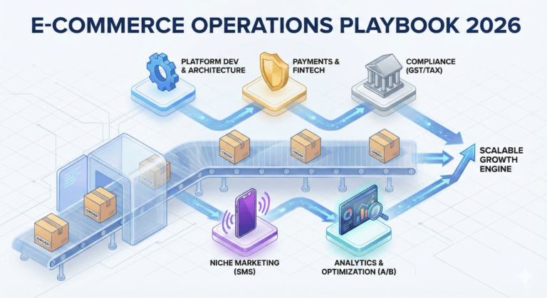 Isometric Ecommerce Operation blueprint showing connected modules for Web Development, Payment Gateways, Analytics, and Logistics, representing a unified digital business.