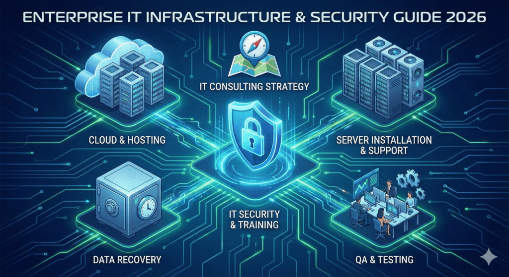 Isometric Enterprise IT ecosystem showing a central security shield connected to cloud servers, physical hardware, and a human team, representing a secure hybrid infrastructure.