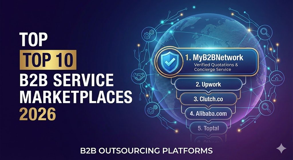 A digital infographic titled 'Top 10 B2B Outsourcing Platforms 2026' displaying a ranked list of outsourcing platforms. MyB2BNetwork is highlighted as the #1 leader for Verified Quotations, followed by Upwork, Clutch.co, Alibaba, and Toptal, set against a connected global network background.