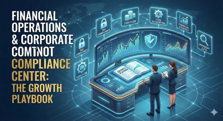 A high-tech digital dashboard representing a Financial Operations and Corporate Compliance Center. Two professionals review a "Growth Playbook" surrounded by financial data charts and glowing digital icons for Tax Compliance, Cash Flow, Core Accounting, Financial Strategy, and CFO Oversight.