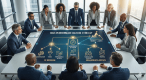 A diverse team of C-suite executives and HR leaders collaborate around a digital conference table displaying a detailed "HIGH-PERFORMANCE CULTURE STRATEGY" roadmap, featuring connected modules for leadership vision, HR structure (compensation, hiring), and employee engagement.
