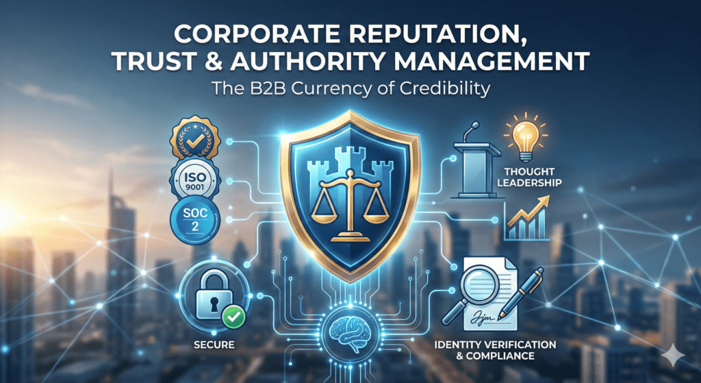 A digital "Trust Shield" protecting a corporate Reputation, with icons representing 5-star reviews, ISO certification badges, and secure digital signatures.