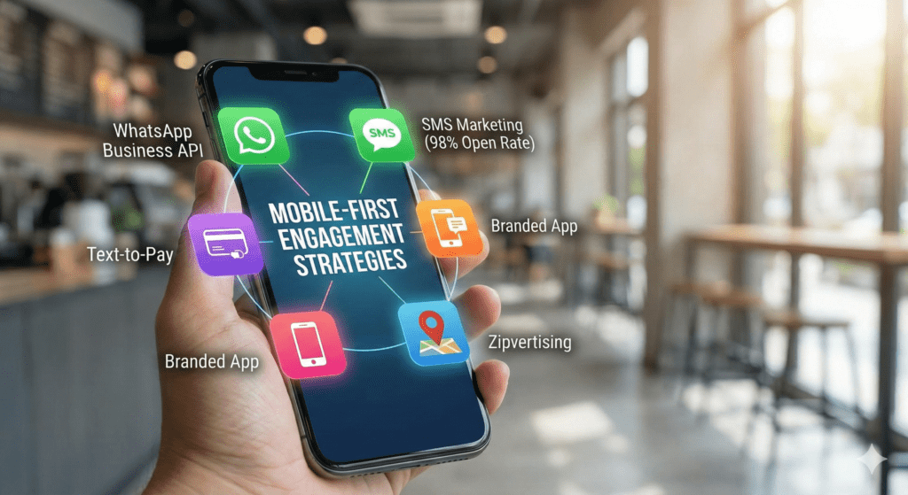 A hand holding a smartphone displaying a digital interface titled "MOBILE-FIRST ENGAGEMENT STRATEGIES," surrounded by icons for WhatsApp Business API, SMS Marketing, Text-to-Pay, Branded App, and Zipvertising.