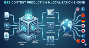 A digital content production engine illustration showing text, video, and audio inputs flowing through a "Global Localization" filter and outputting to multiple international markets.
