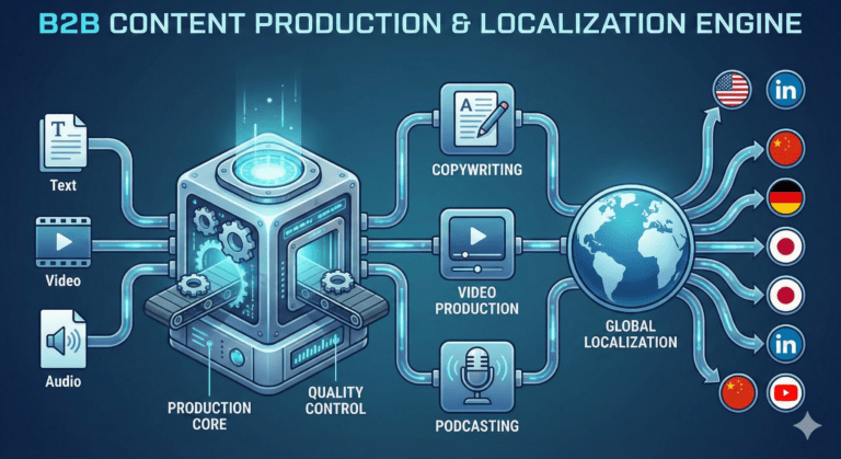 A digital content production engine illustration showing text, video, and audio inputs flowing through a "Global Localization" filter and outputting to multiple international markets.
