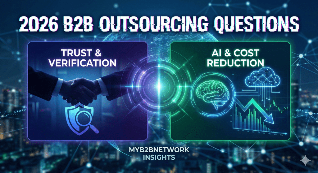 A futuristic split-screen graphic for MyB2BNetwork insights titled "2026 B2B Outsourcing Questions." The left panel highlights "Trust & Verification" with a handshake and shield icon. The right panel focuses on "AI & Cost Reduction," featuring a glowing brain and a downward-trending financial graph illustrating strategies to reduce procurement costs.