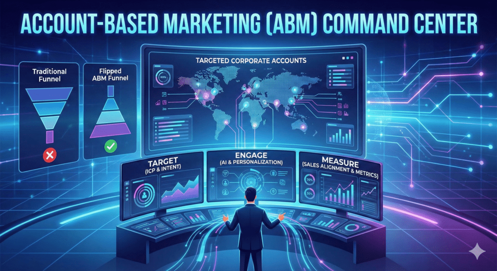 A futuristic digital dashboard titled "Account-Based Marketing (ABM) Command Center." A B2B professional stands before multiple glowing screens displaying a global map of targeted corporate accounts. A side panel visually compares a traditional marketing funnel with a flipped ABM funnel. The lower screens highlight key ABM stages with data charts: Target (ICP & Intent), Engage (AI & Personalization), and Measure (Sales Alignment & Metrics).
