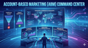 A futuristic digital dashboard titled "Account-Based Marketing (ABM) Command Center." A B2B professional stands before multiple glowing screens displaying a global map of targeted corporate accounts. A side panel visually compares a traditional marketing funnel with a flipped ABM funnel. The lower screens highlight key ABM stages with data charts: Target (ICP & Intent), Engage (AI & Personalization), and Measure (Sales Alignment & Metrics).