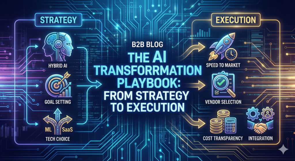 A glowing digital infographic titled "The AI Transformation Playbook: From Strategy to Execution" set against a high-tech blue circuit board background. The layout maps the B2B AI journey from left to right. The left section, labeled "Strategy," features neon icons for Hybrid AI (human and robot profiles), Goal Setting (a target and chart), and Tech Choice (a diverging path for ML and SaaS). Arrows flow to the right section, labeled "Execution," which highlights icons for Speed to Market (a rocket), Vendor Selection (a clipboard), Cost Transparency (coins and a calculator), and Integration (a handshake with gears).
