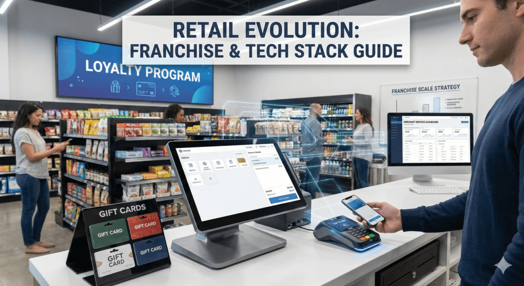 Flowchart showing the "Retail Tech Stack" connection between the Point of Sale, Merchant Services Gateway, and Bank EFT Integration.