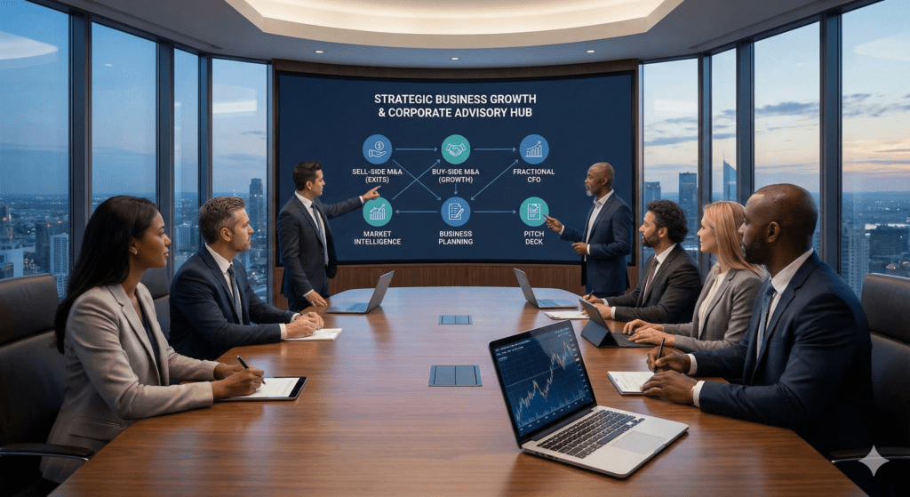 A boardroom meeting with executives reviewing a "Strategic Corporate Advisory" on a glass wall, featuring M&A, CFO, and Pitch Deck milestones.