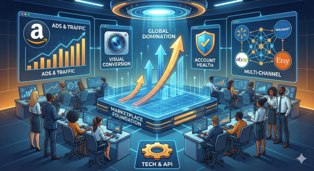 A visual ecosystem showing a product moving from an Amazon warehouse to a customer, supported by PPC ads, social media traffic, and account health monitoring tools and market domination.