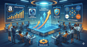 A visual ecosystem showing a product moving from an Amazon warehouse to a customer, supported by PPC ads, social media traffic, and account health monitoring tools and market domination.