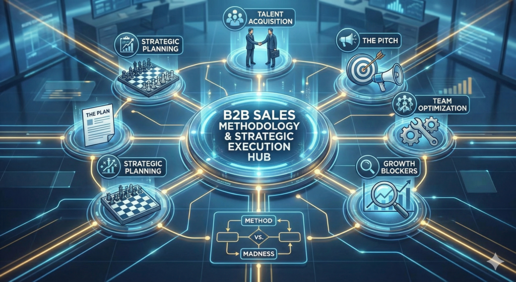 A strategic sales methodology diagram illustrating the connection between "Market Planning," "Talent Acquisition," and "Execution Frameworks" like Challenger or SPIN.