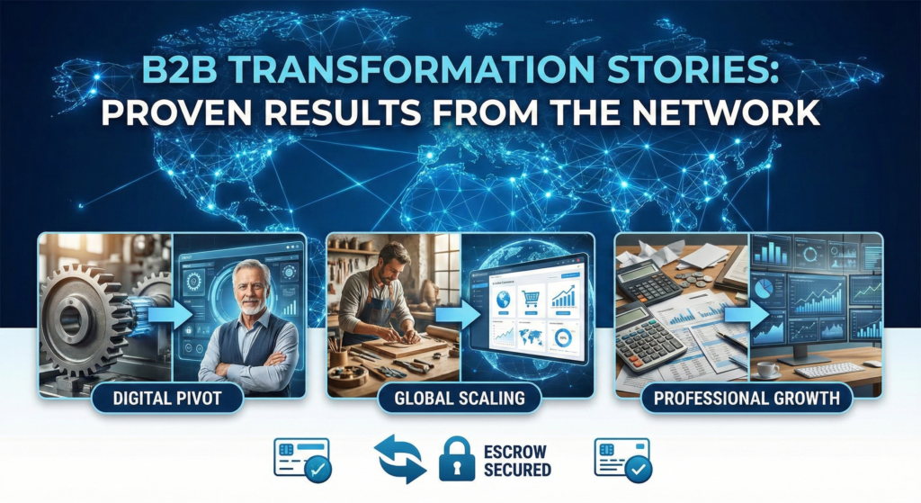 A diverse grid of professionals and business owners showcasing their successful digital business transformation journeys and business growth metrics.