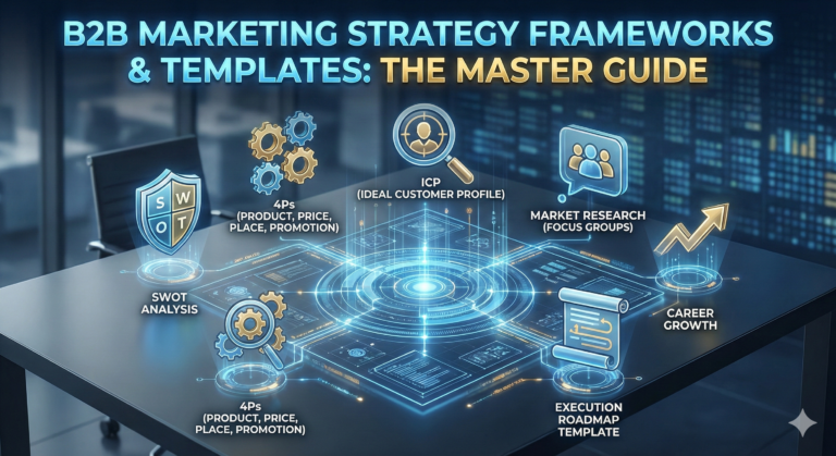 A futuristic digital boardroom table displaying holographic icons for key business models under the title "B2B Marketing Strategy Frameworks & Templates: The Master Guide." The glowing blue and gold icons represent core pillars: a SWOT Analysis shield, the 4Ps (Product, Price, Place, Promotion) gears, an ICP (Ideal Customer Profile) target, a Market Research speech bubble, an Execution Roadmap scroll, and a Career Growth trending arrow.