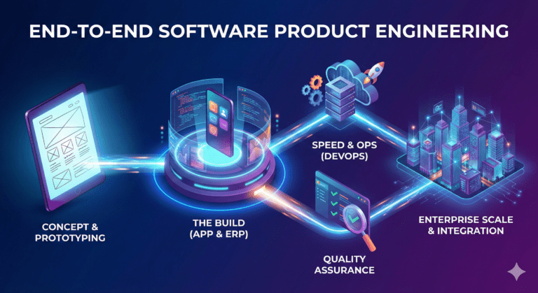 A comprehensive software product engineering workflow diagram showing stages from prototyping to DevOps deployment and maintenance.