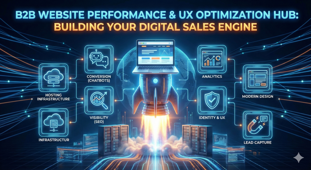 A futuristic infographic titled "B2B Website Performance & UX Optimization Hub." At the center, a laptop atop a rocket ship launches from a server cloud, symbolizing digital acceleration. It is surrounded by glowing neon icons representing key website optimization pillars: Hosting Infrastructure, Conversion (Chatbots), Visibility (SEO), Analytics, Modern Design, Identity & UX, and Lead Capture, all set against a dark blue, high-tech network background.