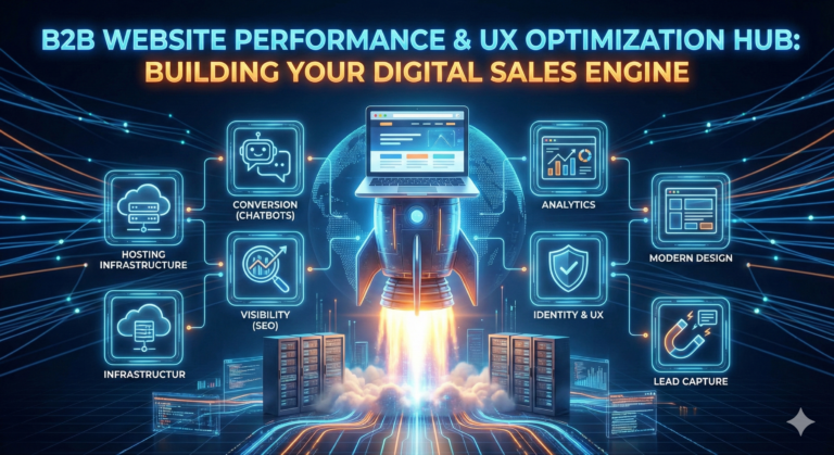 A futuristic infographic titled "B2B Website Performance & UX Optimization Hub." At the center, a laptop atop a rocket ship launches from a server cloud, symbolizing digital acceleration. It is surrounded by glowing neon icons representing key website optimization pillars: Hosting Infrastructure, Conversion (Chatbots), Visibility (SEO), Analytics, Modern Design, Identity & UX, and Lead Capture, all set against a dark blue, high-tech network background.