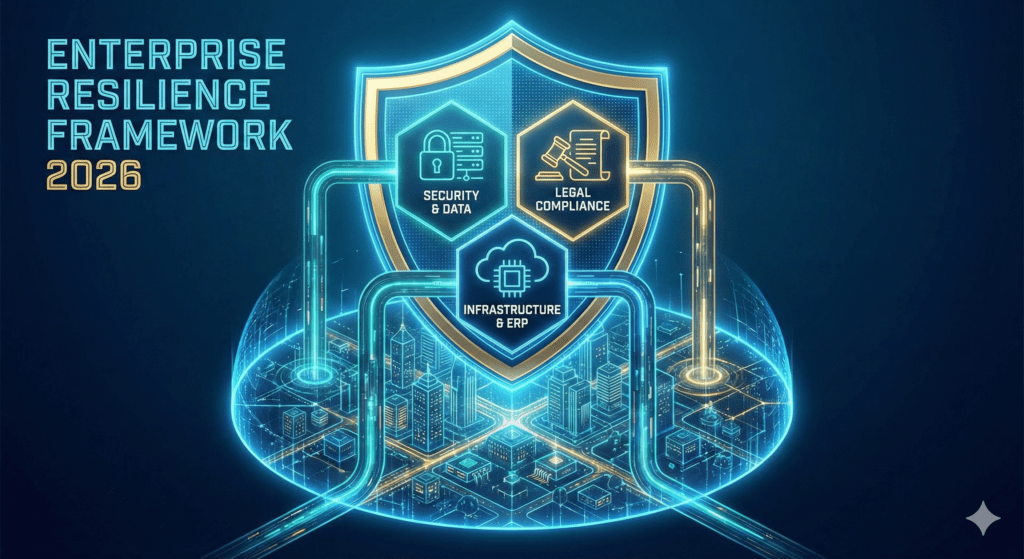 Enterprise Resilience Shield diagram showing three layers: Legal Compliance (Schrems II), Cyber Security (Risk Advisory), and Infrastructure (ERP/Hosting).