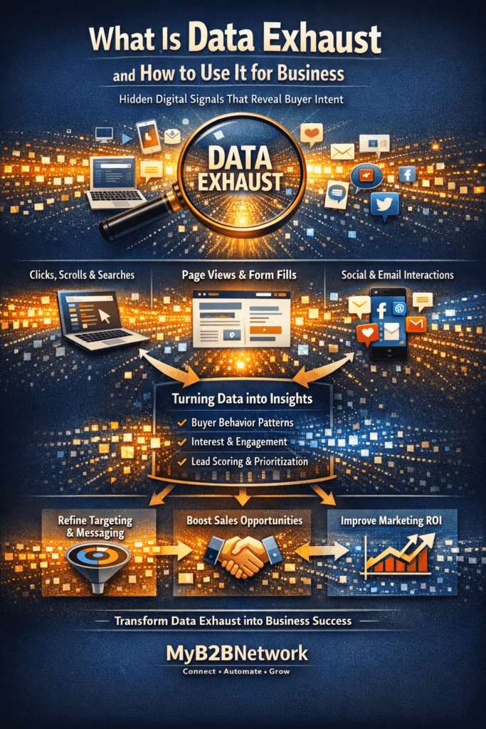 Data exhaust visualization showing digital footprints from website visits, social interactions, and search behavior transforming into business insights and revenue growth.