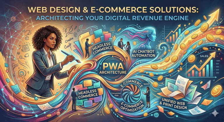 An isometric blueprint illustration visualizing Web Design and E-commerce Solutions as a digital revenue engine, with technical icons for code, AI chatbots, and secure checkout architectures transforming into upward-trending sales graphs.