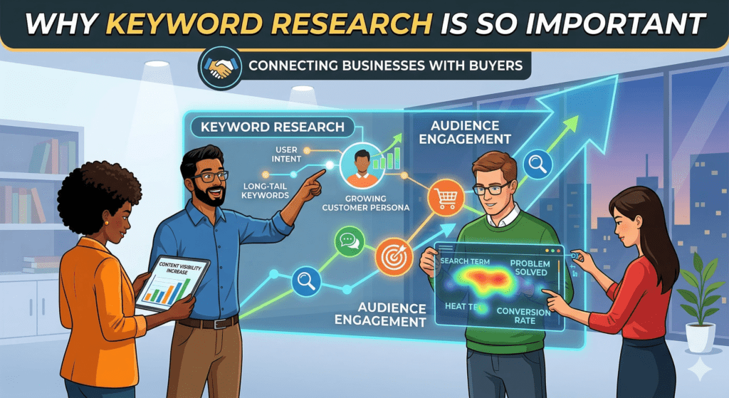 A professional digital marketing team analyzing a glowing data dashboard that illustrates the impact of keyword research. The infographic shows key concepts like "User Intent," "Long-Tail Keywords," and "Audience Engagement" connected by a rising growth arrow. The header reads "Why Keyword Research Is So Important," and the scene depicts a collaborative B2B office environment focusing on data-driven growth.