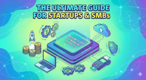 A modern business desk featuring a laptop with financial growth charts and a secure point-of-sale payment terminal, representing streamlined Business operations for SMBs.
