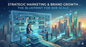 A futuristic digital illustration titled "Strategic Marketing and Brand Growth: The Blueprint for B2B Scale." Business executives stand on a rooftop around a glowing holographic planning table. The floating screens display a Go-To-Market (GTM) architecture flowchart with key components like Brand Equity, Growth Marketing, KPI Tracking, and Revenue Engine. Glowing data streams flow from the strategy table out into a modern city skyline, pointing toward skyscrapers labeled "Global Scale," "New Markets," and "Market Dominance."