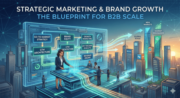 A futuristic digital illustration titled "Strategic Marketing and Brand Growth: The Blueprint for B2B Scale." Business executives stand on a rooftop around a glowing holographic planning table. The floating screens display a Go-To-Market (GTM) architecture flowchart with key components like Brand Equity, Growth Marketing, KPI Tracking, and Revenue Engine. Glowing data streams flow from the strategy table out into a modern city skyline, pointing toward skyscrapers labeled "Global Scale," "New Markets," and "Market Dominance."