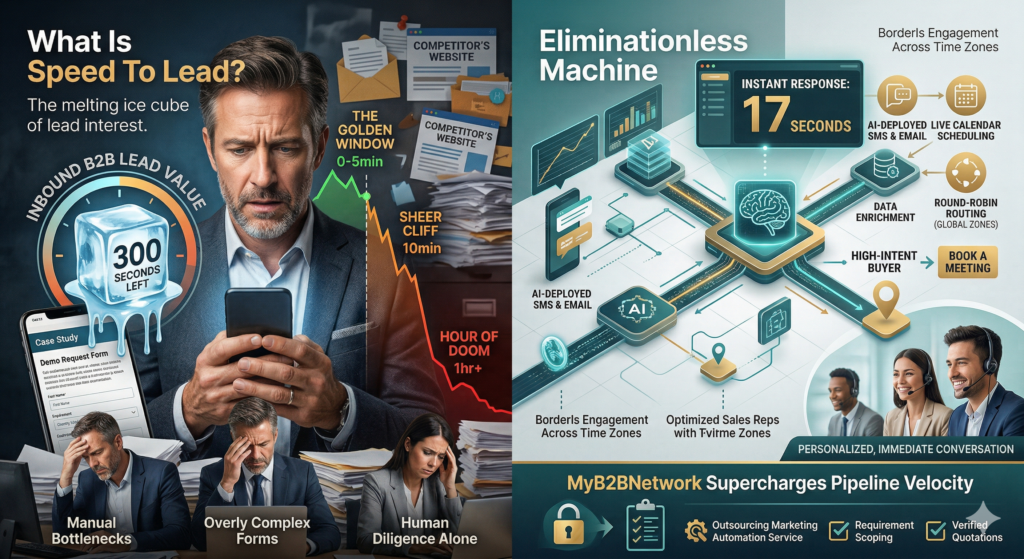 A B2B sales dashboard displaying a five-minute countdown timer and automated lead routing metrics to illustrate what is speed to lead and how can you improve it for higher conversion rates.