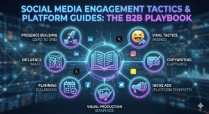 A glowing digital infographic titled "Social Media Engagement Tactics & Platform Guides: The B2B Playbook" set against a dark, high-tech network background. At the center is a glowing open book icon, surrounded by connected circular nodes representing key strategies: Presence Building (a rocket ship), Viral Tactics (a laughing face), Copywriting (a chat bubble and pencil), Niche Ads (a megaphone), Visual Production (a picture and paintbrush), Planning (a calendar), and Influence (a person in a maze). Small social media logos like LinkedIn, X, Instagram, Facebook, and Snapchat float around the central hub.