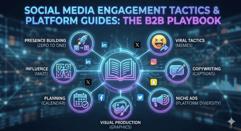 A glowing digital infographic titled "Social Media Engagement Tactics & Platform Guides: The B2B Playbook" set against a dark, high-tech network background. At the center is a glowing open book icon, surrounded by connected circular nodes representing key strategies: Presence Building (a rocket ship), Viral Tactics (a laughing face), Copywriting (a chat bubble and pencil), Niche Ads (a megaphone), Visual Production (a picture and paintbrush), Planning (a calendar), and Influence (a person in a maze). Small social media logos like LinkedIn, X, Instagram, Facebook, and Snapchat float around the central hub.