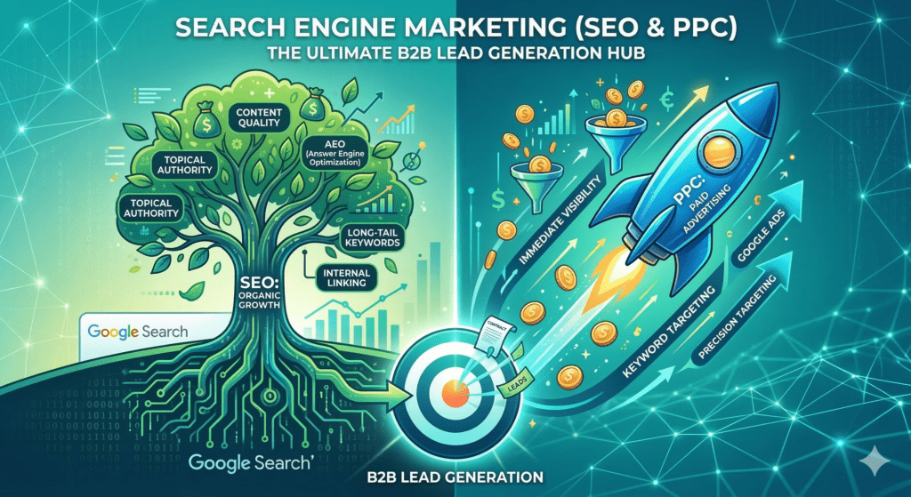 A digital illustration titled "Search Engine Marketing (SEO and PPC)." The graphic features a split-screen design. On the left, a green organic tree with digital roots represents SEO, growing steadily upward. On the right, a high-speed blue rocket fueled by coins represents PPC advertising. Both the tree and the rocket funnel into a glowing target labeled "B2B Lead Generation," symbolizing the integration of paid and organic search strategies.