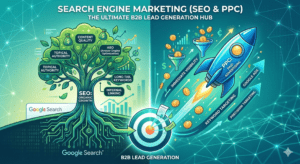 A digital illustration titled "Search Engine Marketing (SEO and PPC)." The graphic features a split-screen design. On the left, a green organic tree with digital roots represents SEO, growing steadily upward. On the right, a high-speed blue rocket fueled by coins represents PPC advertising. Both the tree and the rocket funnel into a glowing target labeled "B2B Lead Generation," symbolizing the integration of paid and organic search strategies.