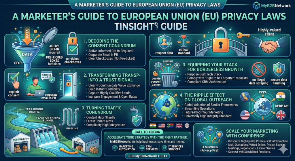A B2B digital marketer reviewing A Marketer’s Guide to European Union (EU) Privacy Laws, featuring a secure data lock icon and compliance dashboard on a laptop screen.