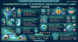 A B2B digital marketer reviewing A Marketer’s Guide to European Union (EU) Privacy Laws, featuring a secure data lock icon and compliance dashboard on a laptop screen.